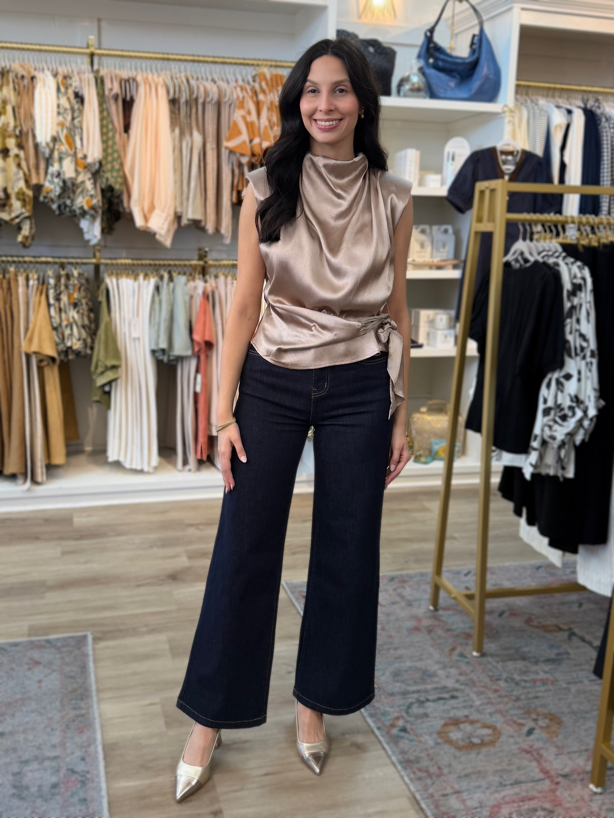TAUPE SLEEVELESS SHOULDER PAD WAIST TIE TOP