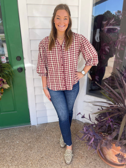 WINE CHECKERED PRINT BUTTON DOWN GATHERED SLEEVE TOP