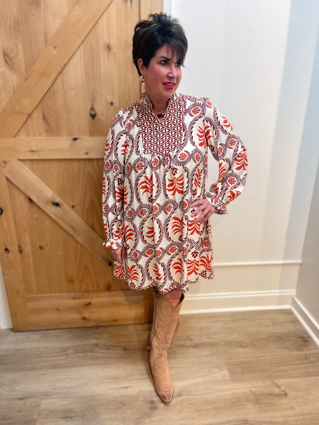 RUST MIX PRINTED VNECK WITH CONTRASTING YOKE LONG SLEEVE MINI DRESS