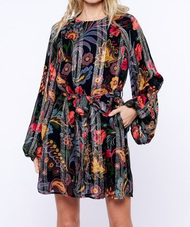 BLACK MULTI FLORAL PRINT METALLIC STRIPE LONG BUBBLE SLEEVE ODETTE MINI DRESS