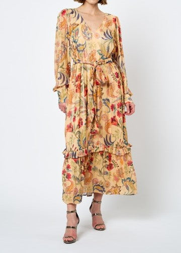 BUTTER MULTI FLORAL PRINT METALLIC STRIPE LEYN MAXI DRESS