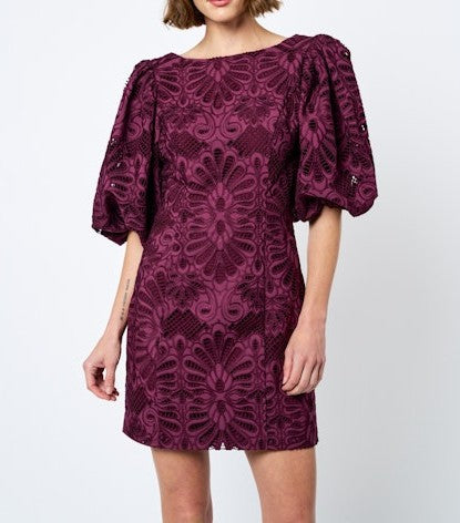 PURPLE EMBROIDERED LACE KESIA MINI DRESS