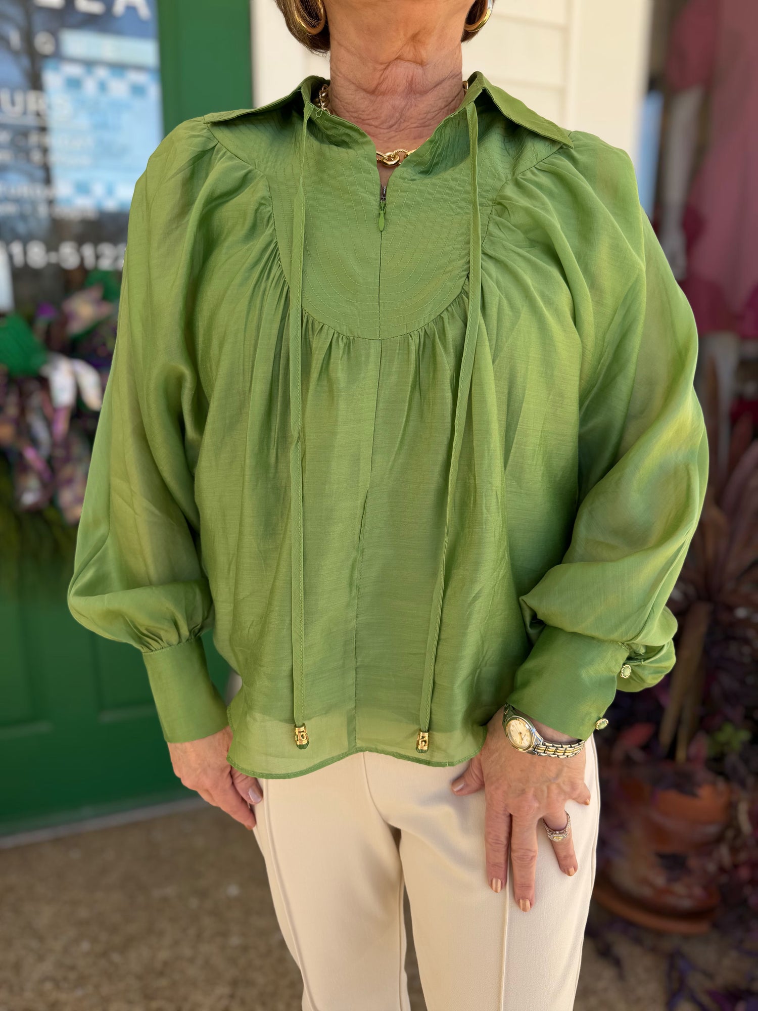 IVY GREEN QUARTER ZIP WITH TOP STITCH DETAIL GEORGINA TOP