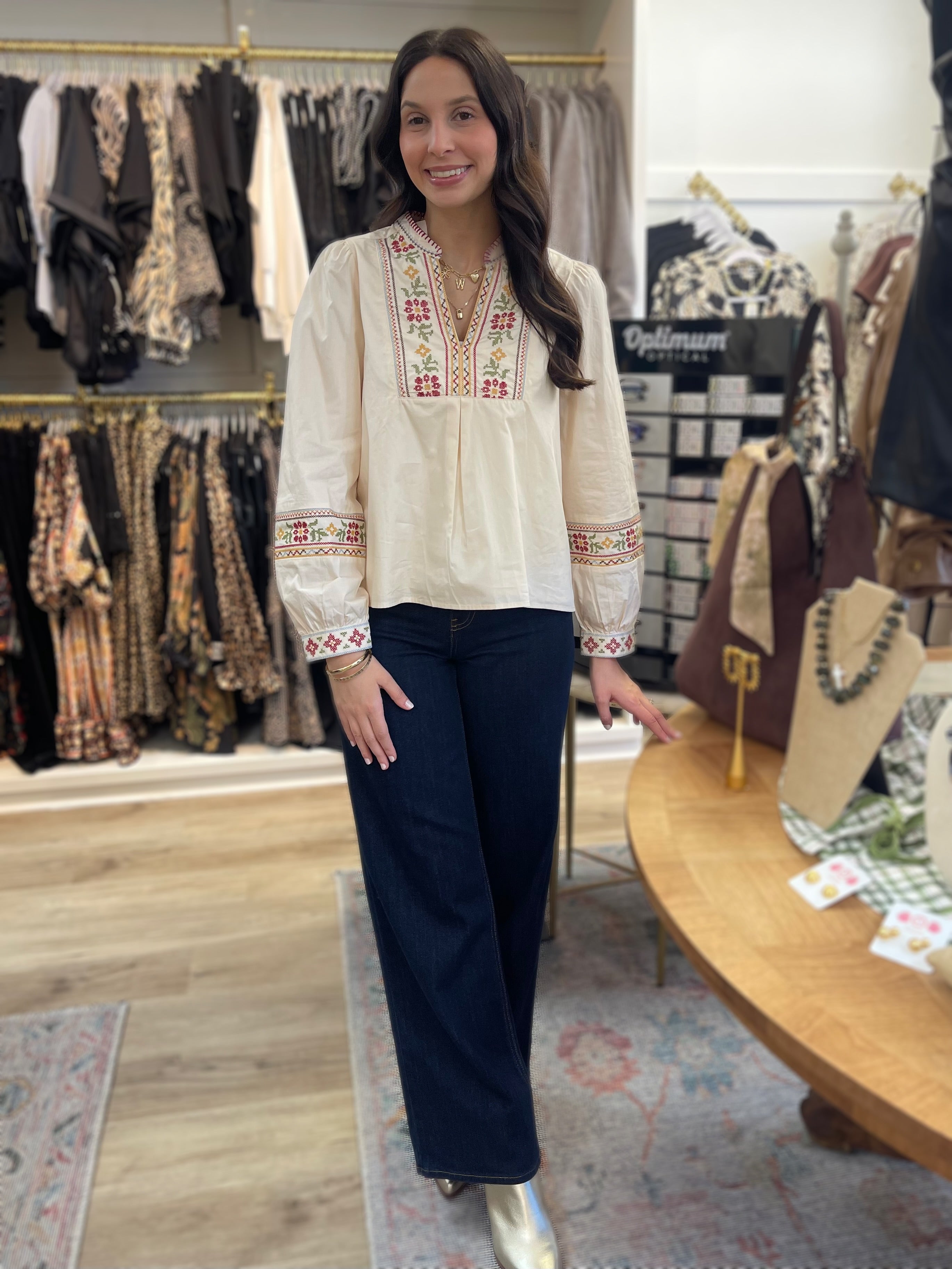 ECRU FLORAL CROSS STITCH EMBROIDERY DETAIL LONG PUFF SLEEVE TOP