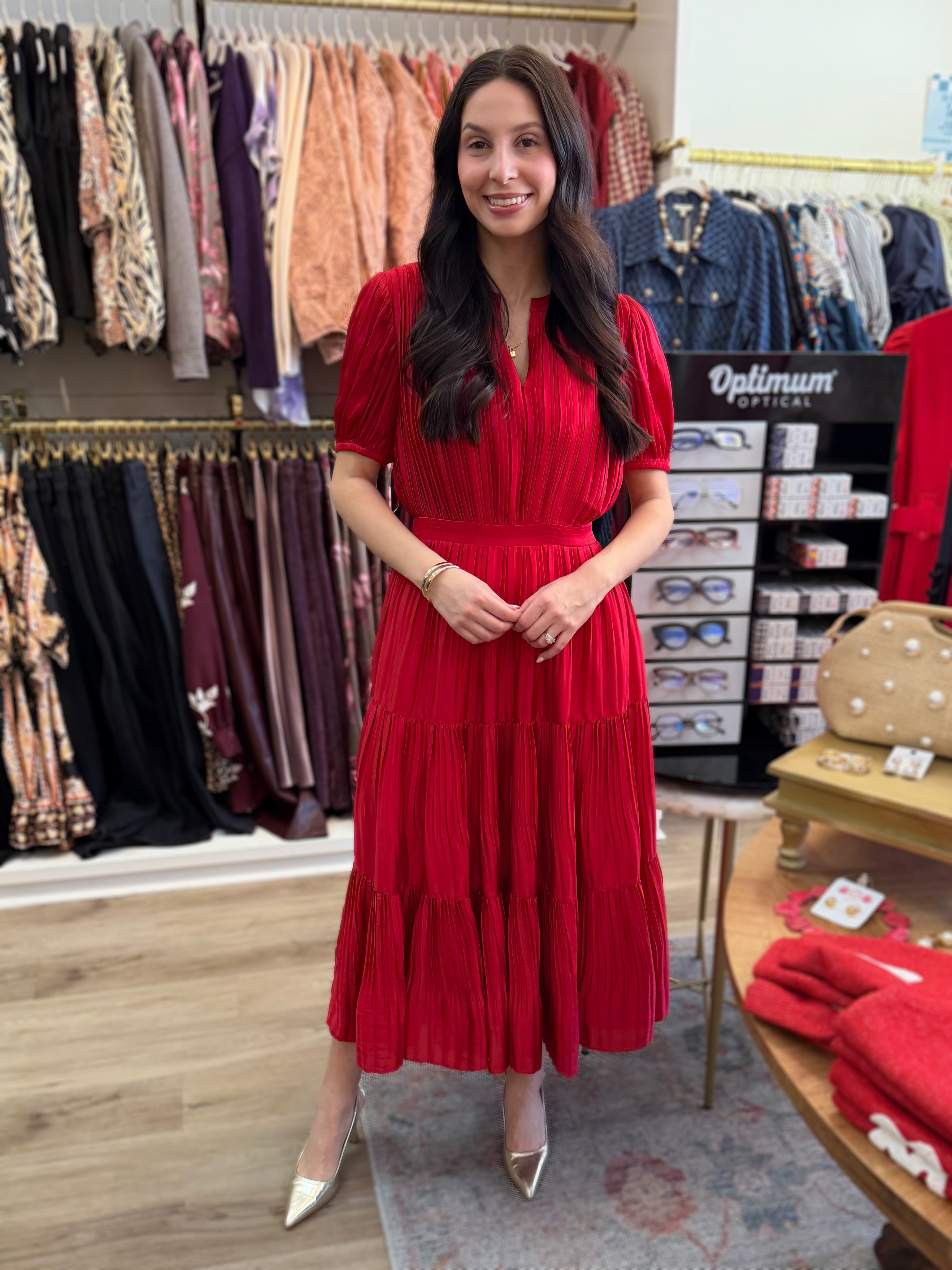 RED PLEATED SPLIT NECK SHORT PUFF SLEEVE TIERED MAXI DRESS