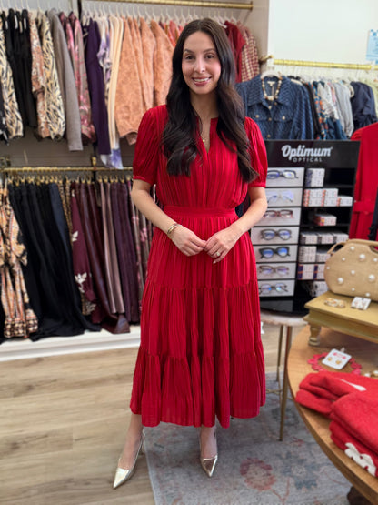 RED PLEATED SPLIT NECK SHORT PUFF SLEEVE TIERED MAXI DRESS