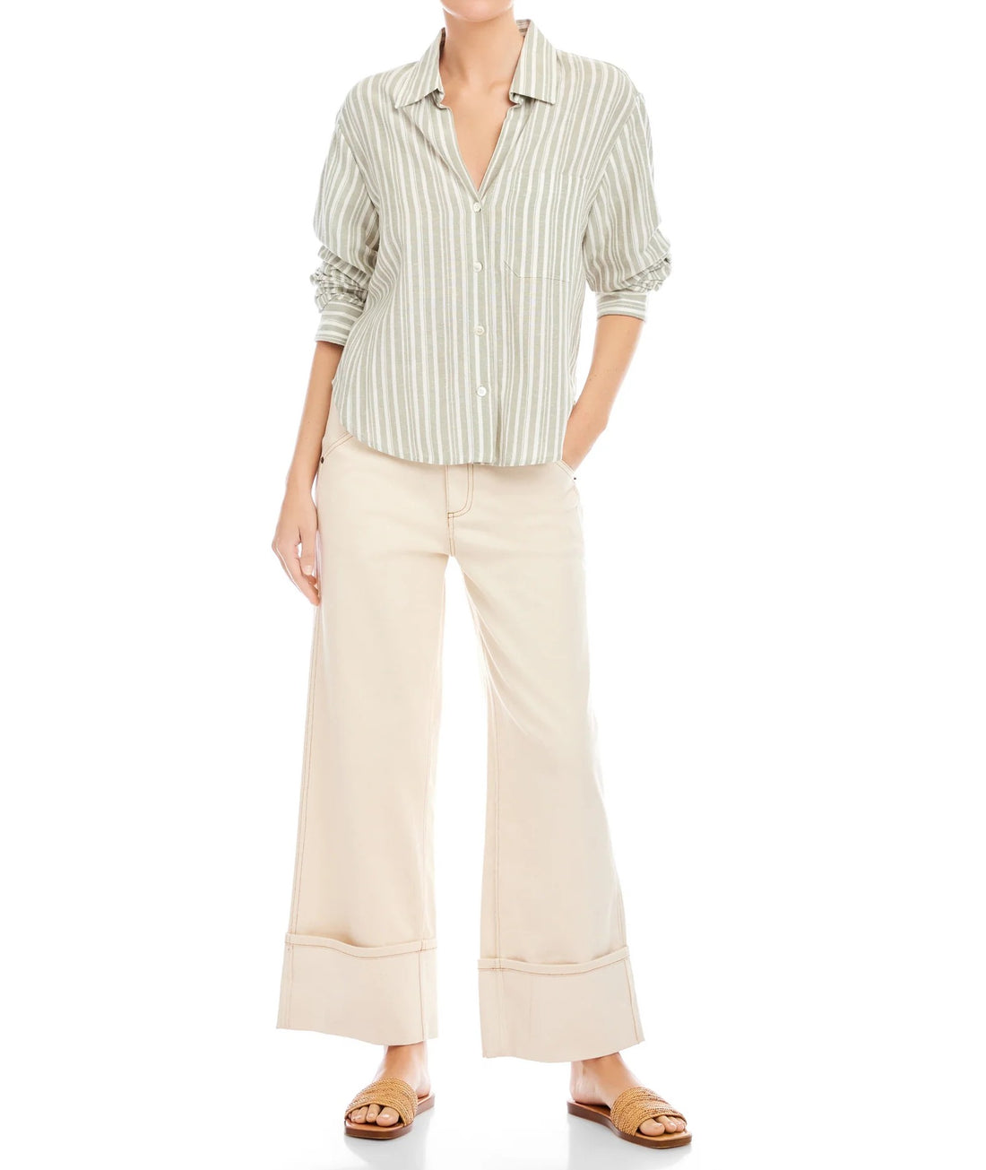 SAGE STRIPED RUCHED SLEEVE LEIGHTON TOP
