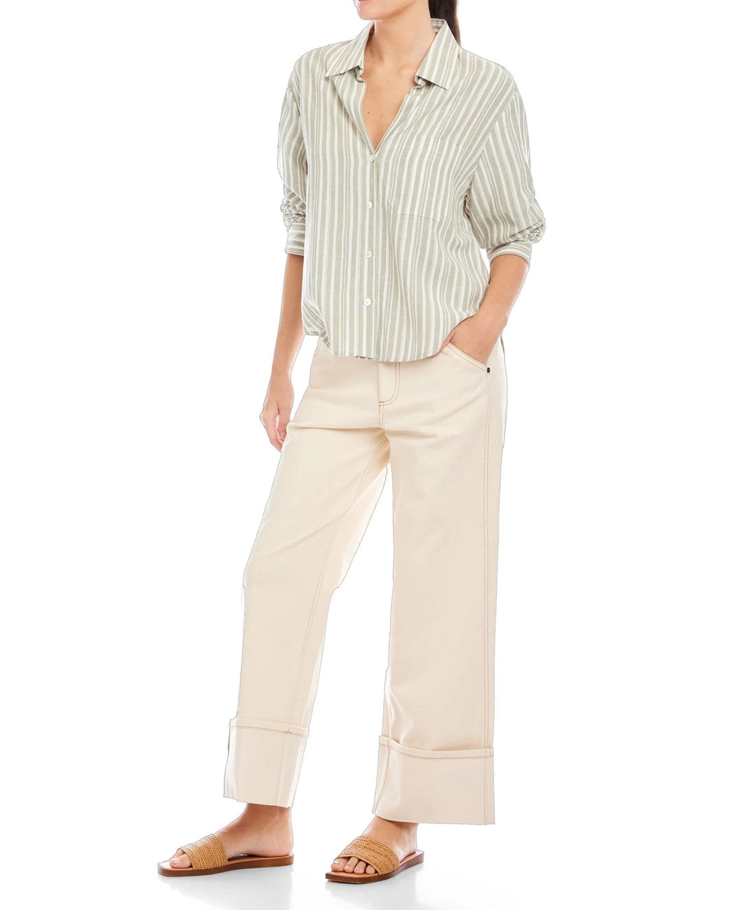 SAGE STRIPED RUCHED SLEEVE LEIGHTON TOP