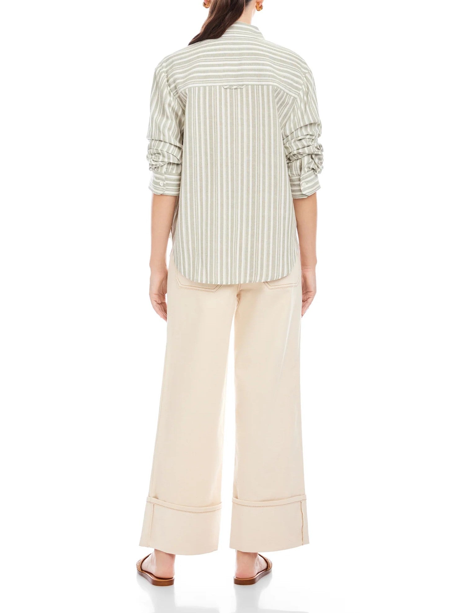 SAGE STRIPED RUCHED SLEEVE LEIGHTON TOP