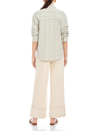 SAGE STRIPED RUCHED SLEEVE LEIGHTON TOP