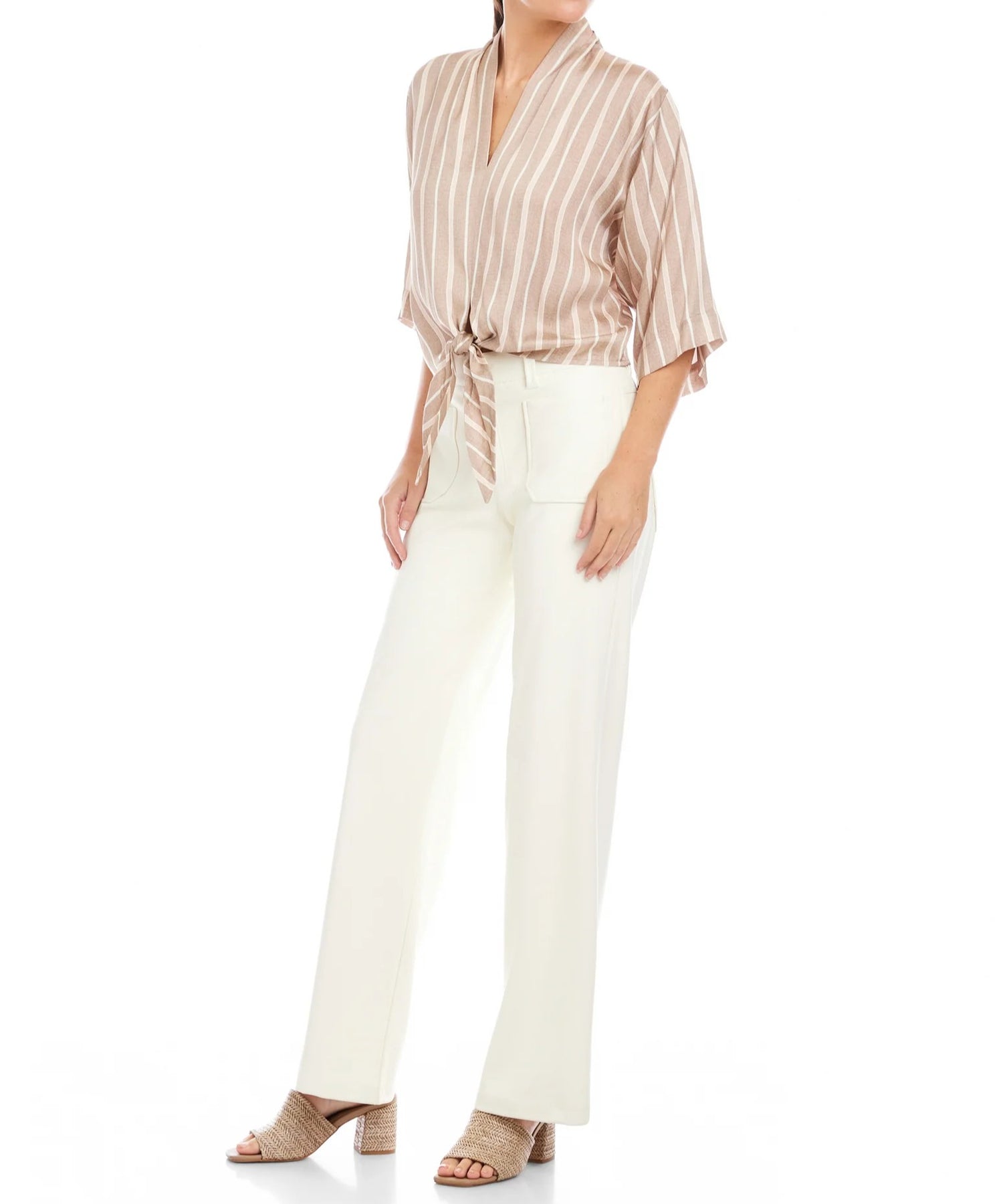 KHAKI STRIPED TIE FRONT BERNICE TOP