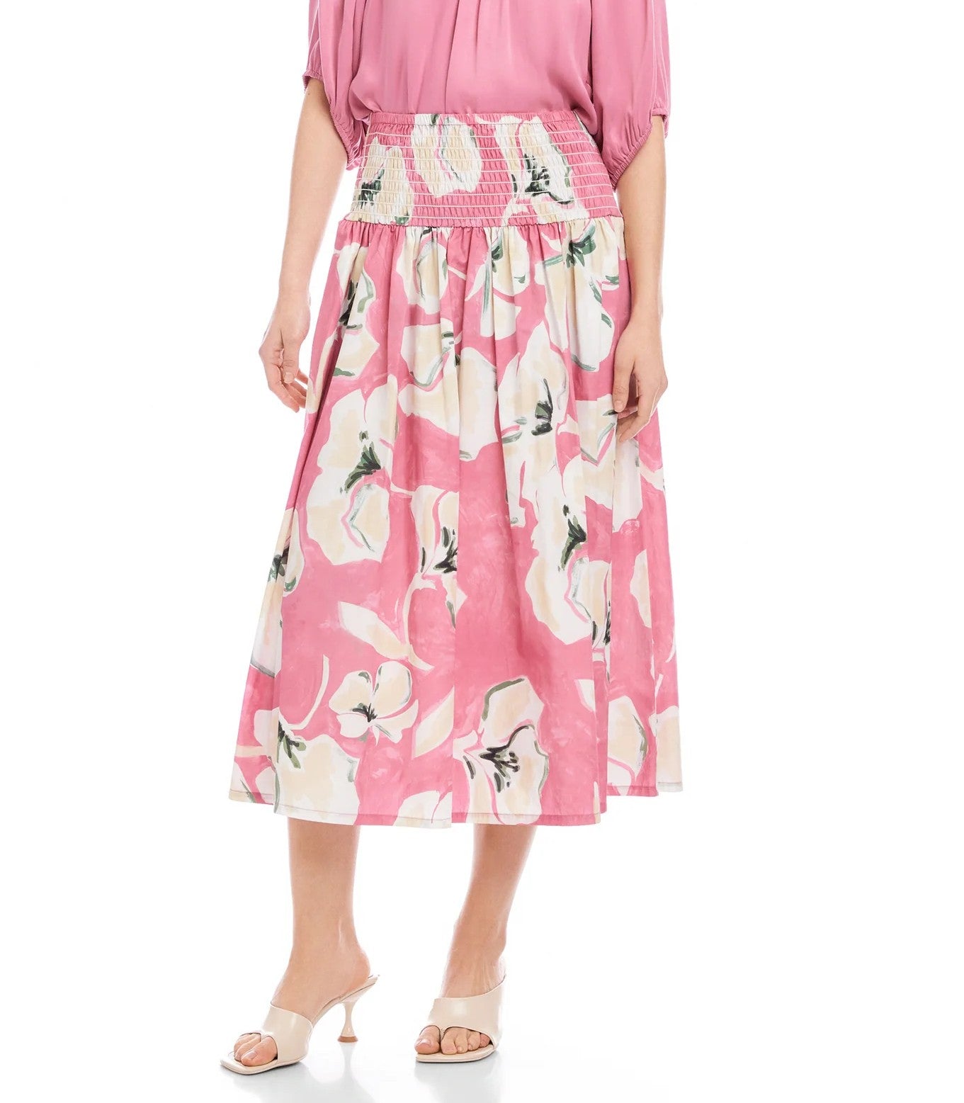 PEONY PINK FLORAL PRINT SMOCKED WAIST RHEA MIDI SKIRT
