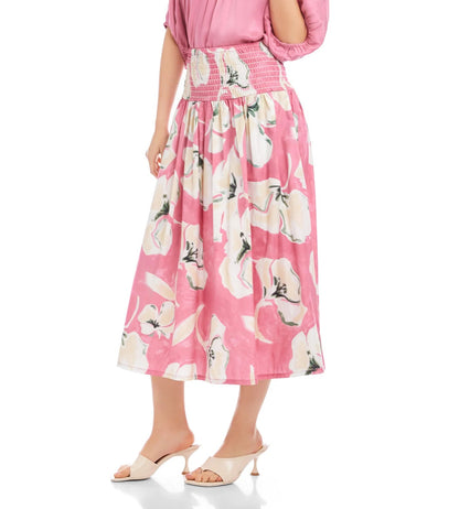 PEONY PINK FLORAL PRINT SMOCKED WAIST RHEA MIDI SKIRT