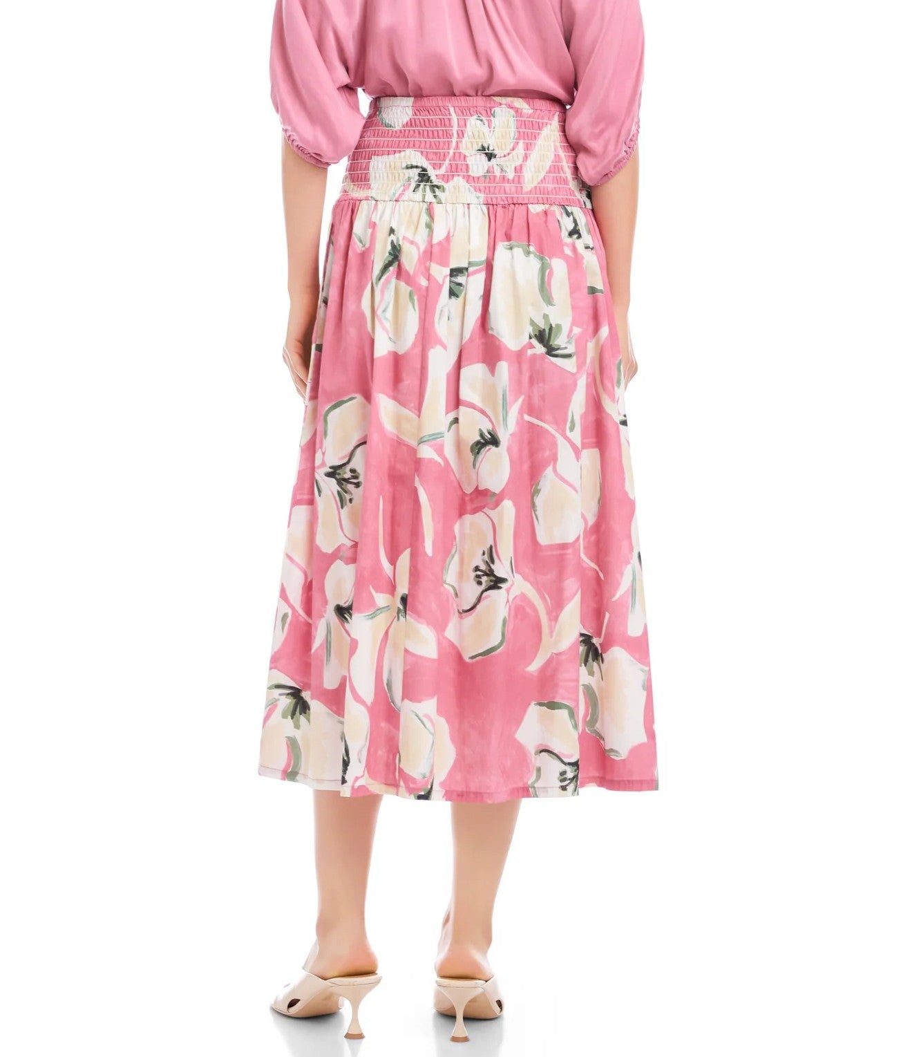 PEONY PINK FLORAL PRINT SMOCKED WAIST RHEA MIDI SKIRT