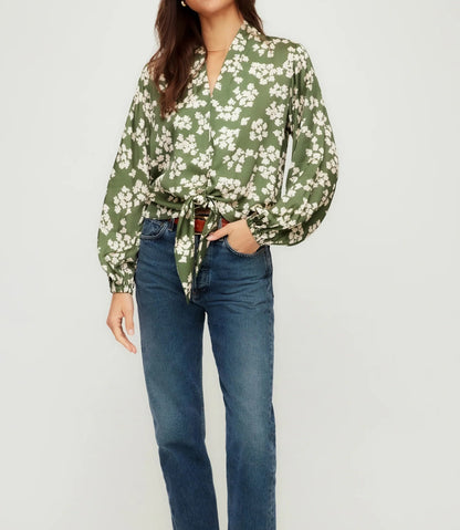 GREEN/OFF WHITE LEAF PRINT TIE-FRONT SCARLET TOP