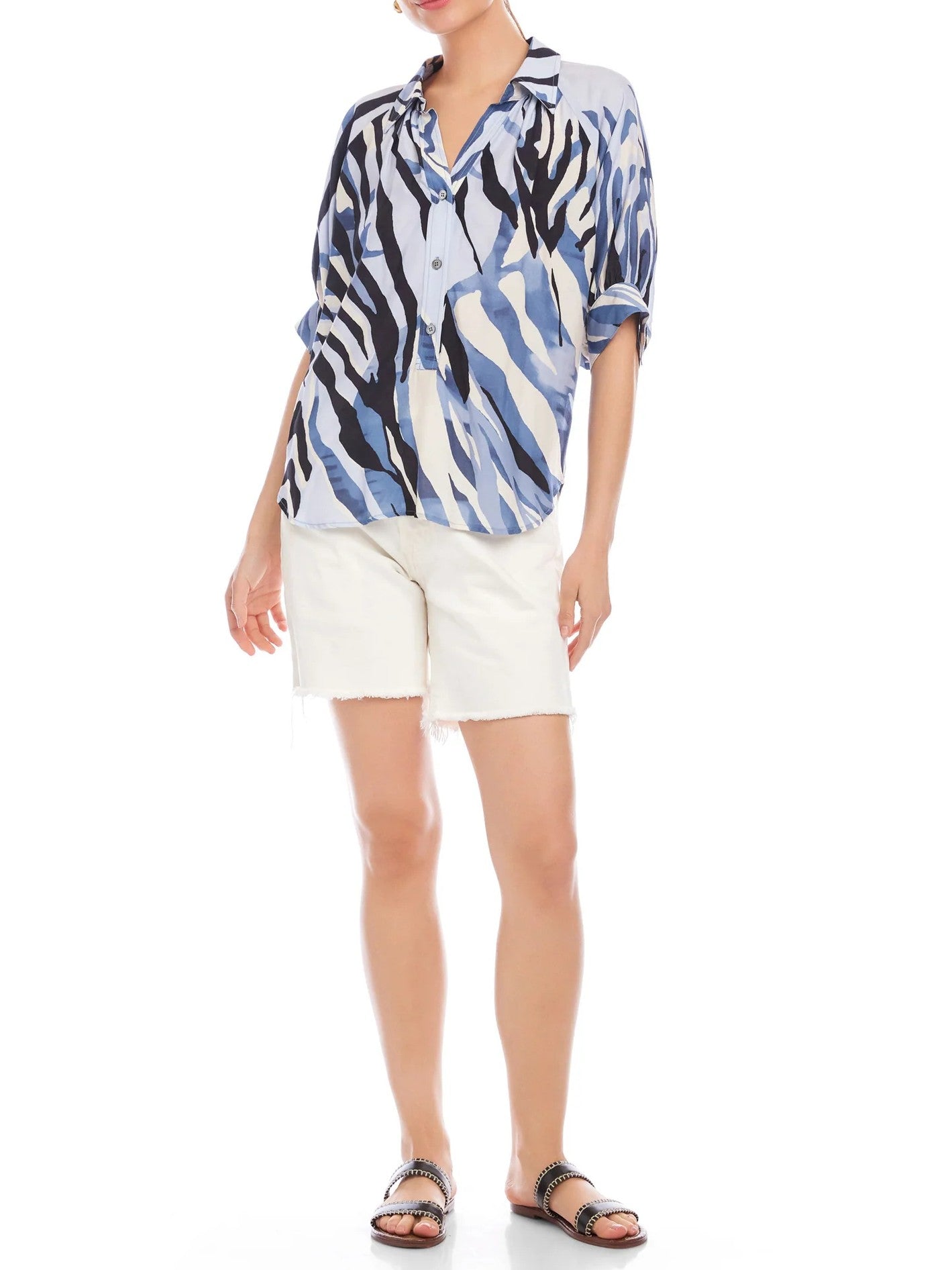 BLUE ABSTRACT PRINT BLOUSON SLEEVE YVETTE TOP