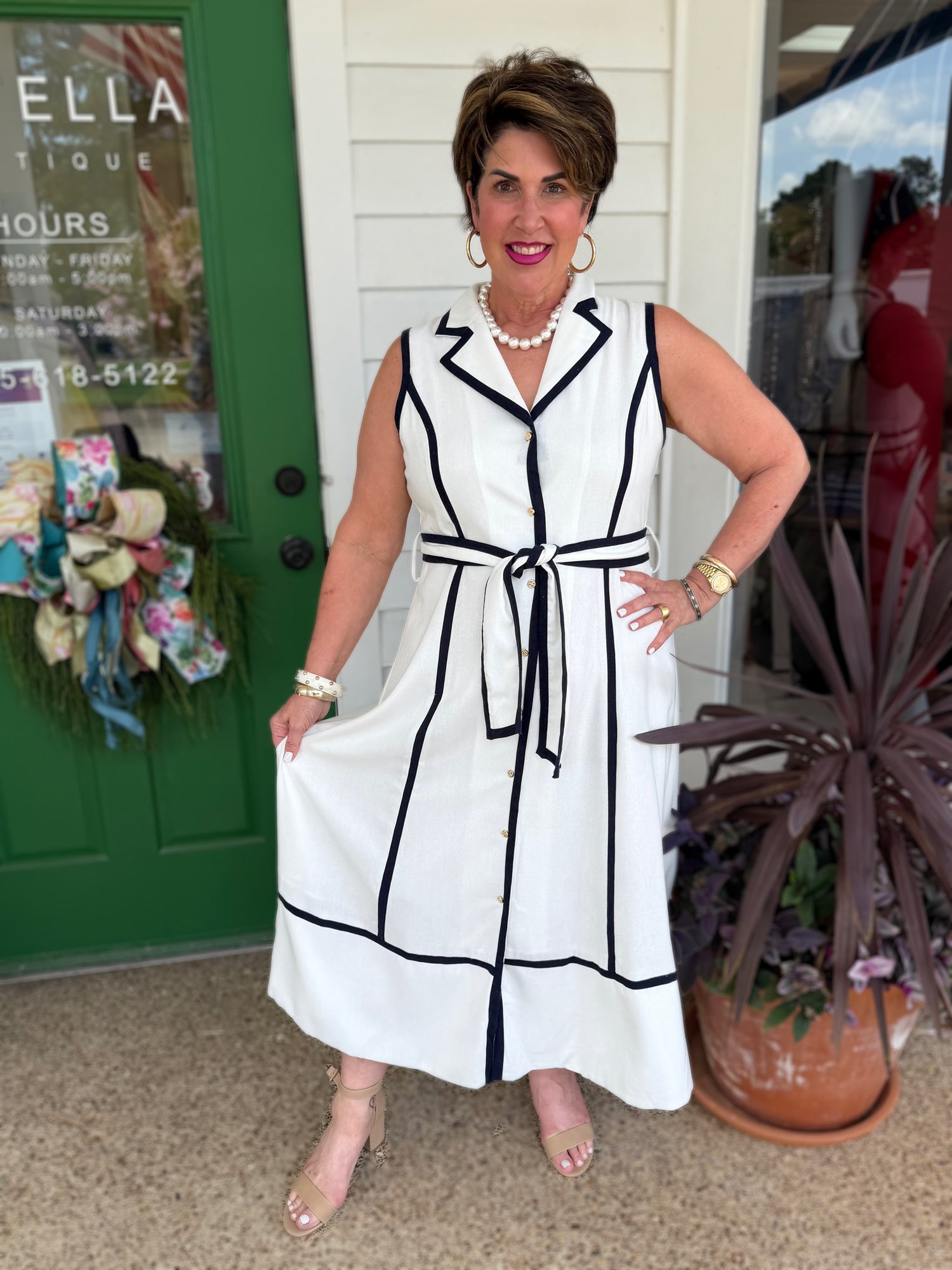 WHITE/NAVY CONTRAST LINEN BLEND SIMONNE MIDI DRESS