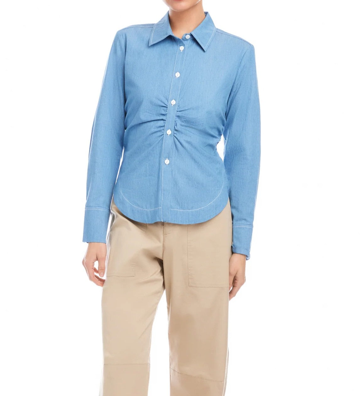 BLUE CHAMBRAY SIDE-SHIRRED LONG SLEEVE NORLYN SHIRT