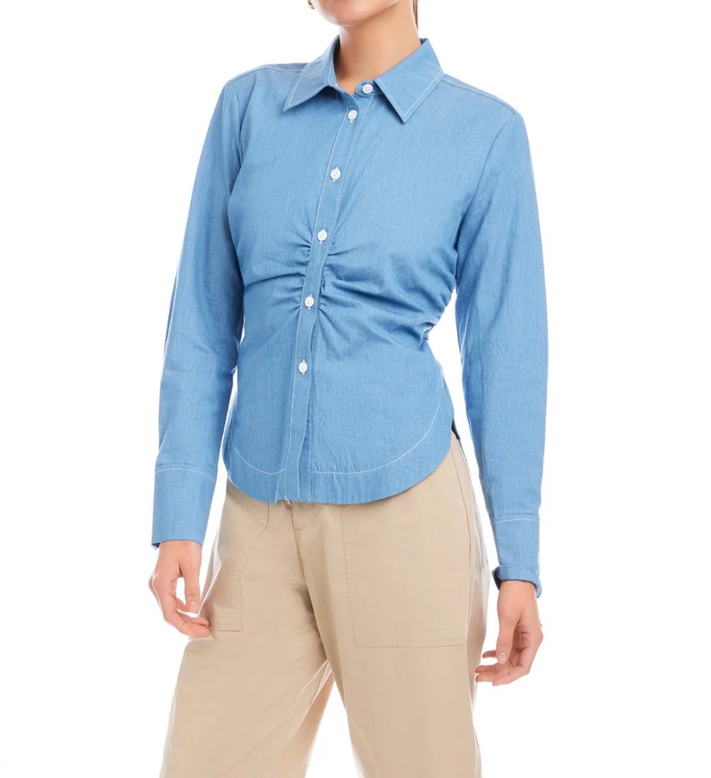BLUE CHAMBRAY SIDE-SHIRRED LONG SLEEVE NORLYN SHIRT