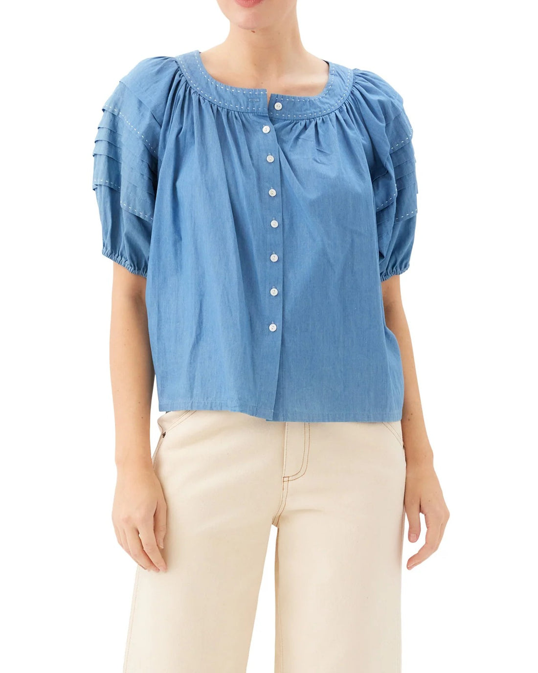 CHAMBRAY CONTRAST STITCH PEASANT SHAY TOP