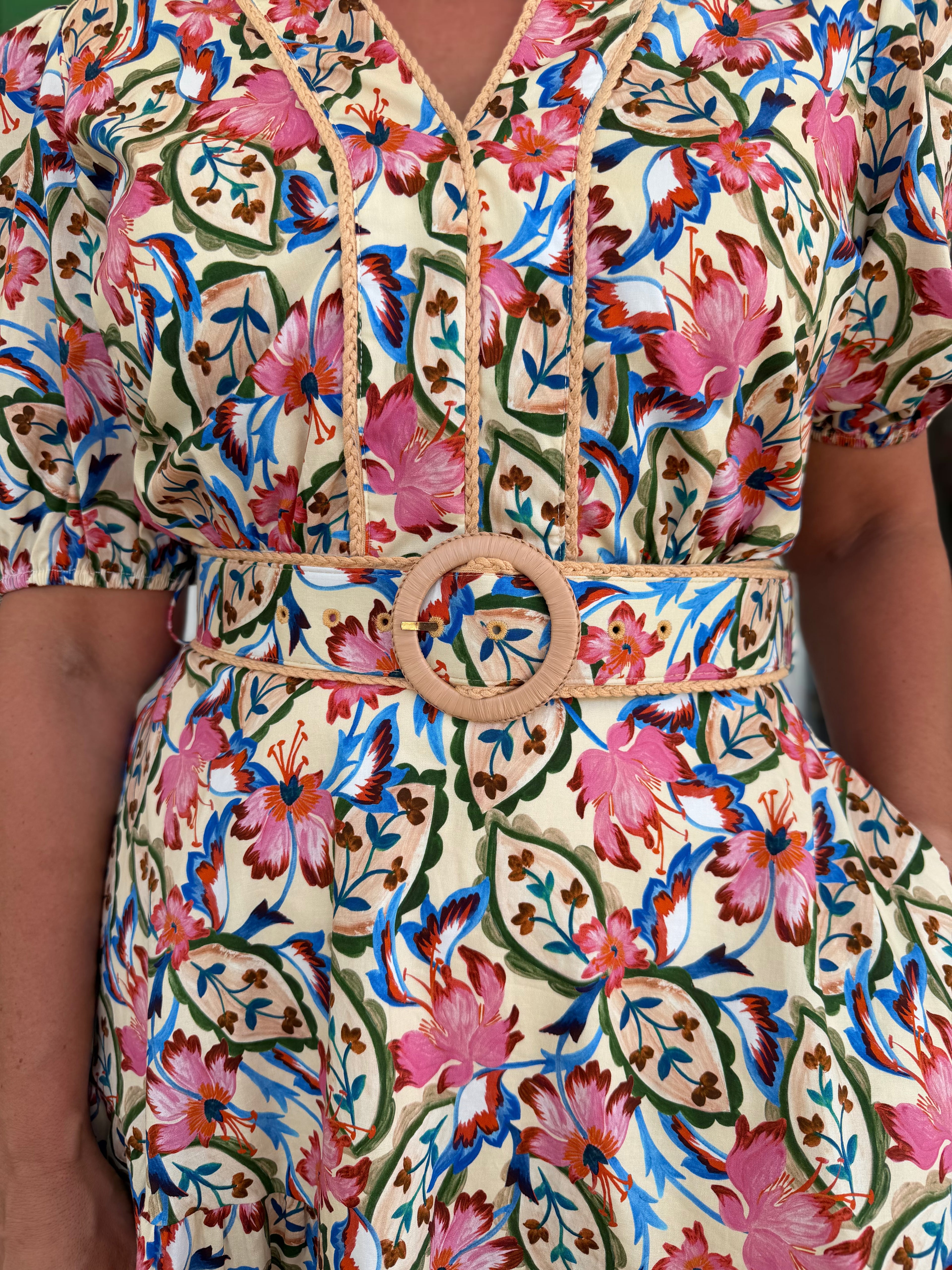 IVORY MULTI FLORAL VNECK PUFF SLEEVE BELTED MINI DRESS