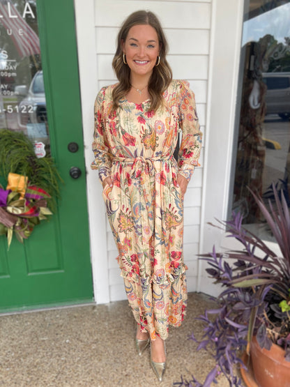 BUTTER MULTI FLORAL PRINT METALLIC STRIPE LEYN MAXI DRESS
