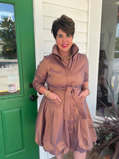 CINNAMON WATER RESISTANT CLASSIC BUBBLE HEM TRENCH COAT DRESS