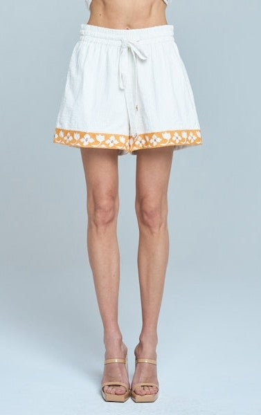 WHITE BRIYSA EMBROIDERED DRAWSTRING SHORTS