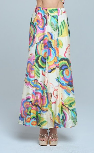 CREAM MULTI COLOR ANTONIA ABSTRACT FLORAL FLARE SKIRT
