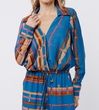 BLUE ABSTRACT STRIPE SURPLICE LONG SLEEVE BUBBLE STACIA TOP