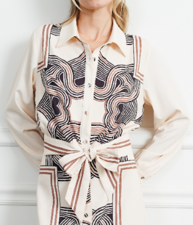CREAM/BLACK &amp; BROWN ENGINEER PRINT TIE FRONT GARA SHIRT