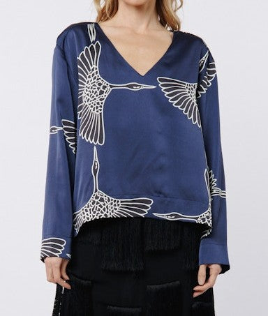 NAVY BIRD PRINT LONG SLEEVE SATIN JONES TOP