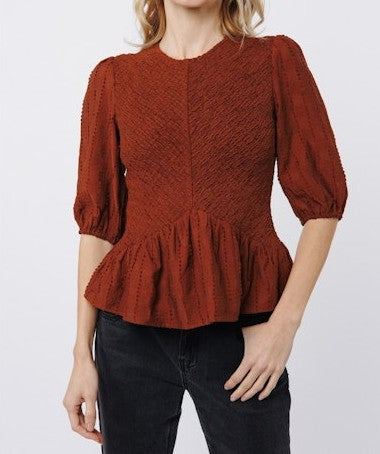 BROWN SMOCKED PEPLUM 3/4 PUFF SLEEVE ESRA TOP
