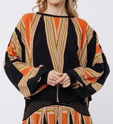 BLACK MULTI ABSTRACT GEO PRINT LONG SLEEVE KAROLINE BLOUSE