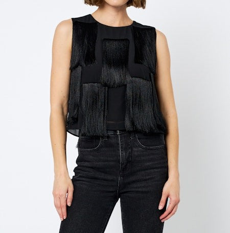 BLACK FRINGE CROPPED ZINNIA TANK TOP