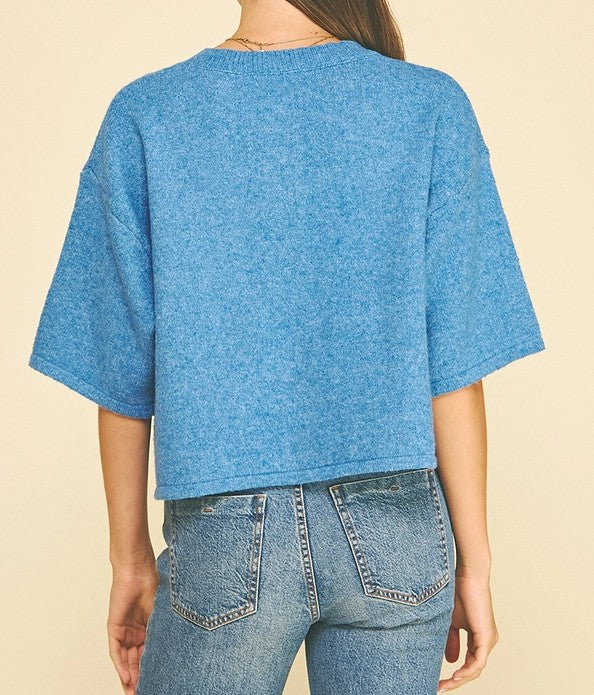 URBAN BLUE BUTTON UP SHORT SLEEVE SWEATER