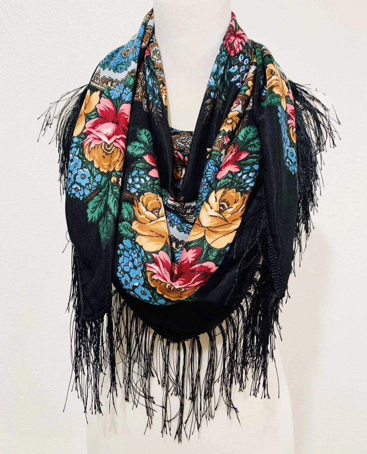 BLACK FLORAL WESTERN PRINT FRINGED SCARF/SHAWL