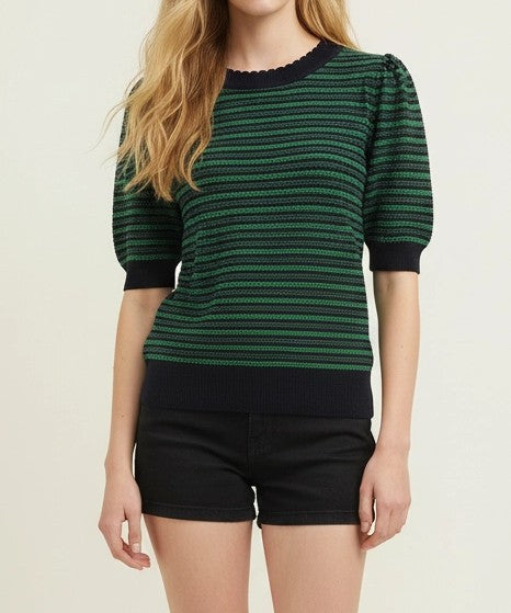 NAVY/GREEN STRIPE CONTRAST DETAIL SHORT PUFF SLEEVE SWEATER