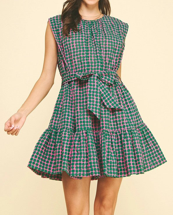 PINK &amp; GREEN POLKA DOT TIERED MINI DRESS