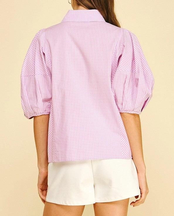 LAVENDER GINGHAM SHORT BALLOON SLEEVE BUTTON UP TOP