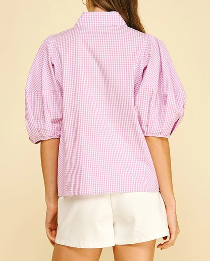 LAVENDER GINGHAM SHORT BALLOON SLEEVE BUTTON UP TOP