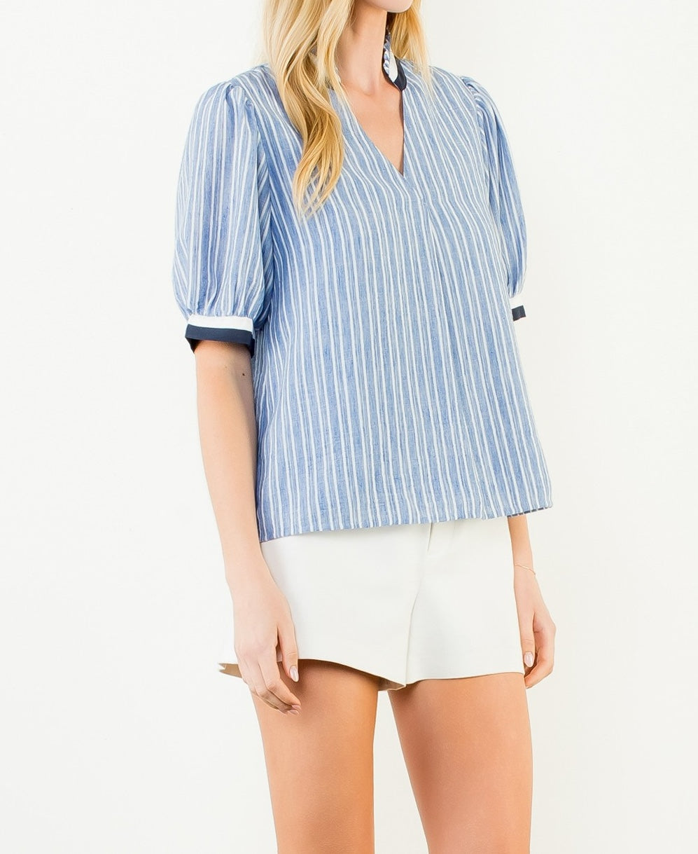 BLUE CONTRAST BANDING STRIPED VNECK SHORT SLEEVE TOP