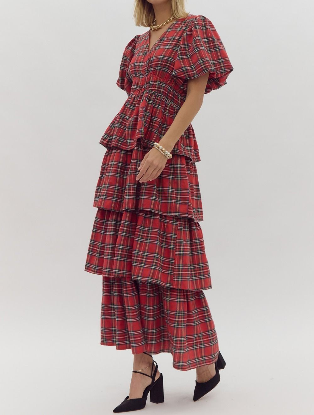 RED PLAID PRINTED BUBBLE SLEEVE TIERED MIDI DRESS