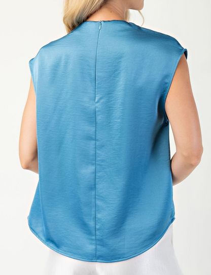 BLUE SATIN DRAPED SHORT SLEEVE BLOUSE