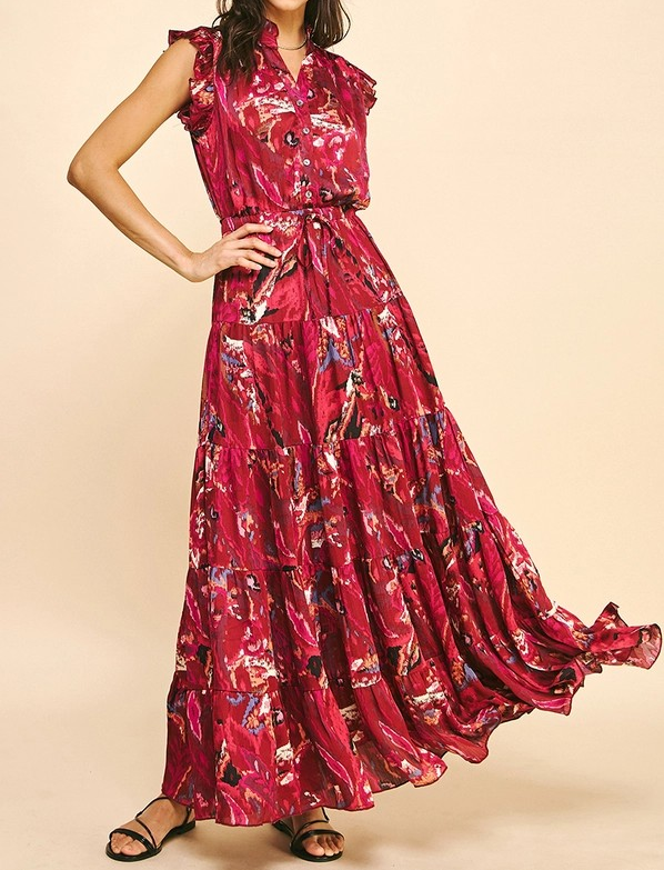 DEEP PINK PRINTED TIERED SATIN MAXI DRESS