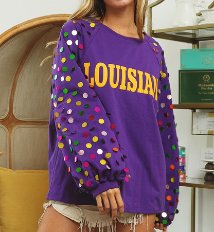 PURPLE LOUISIANA MULTI COLOR SPANGLED RAGLAN SLEEVE SWEATSHIRT