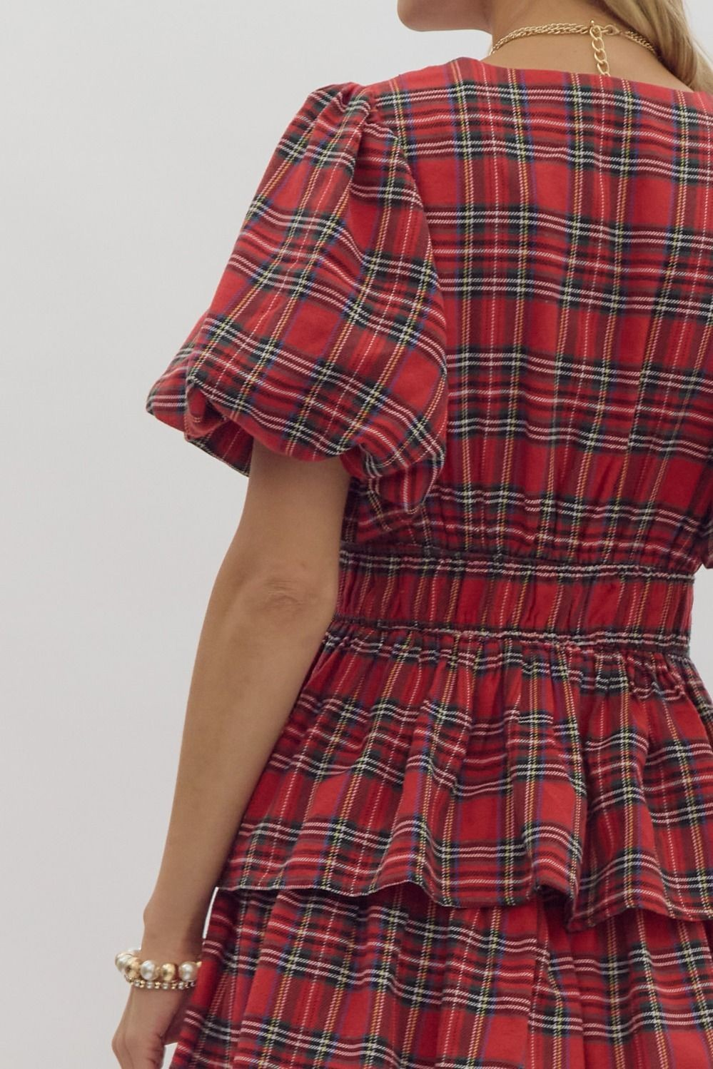 RED PLAID PRINTED BUBBLE SLEEVE TIERED MIDI DRESS