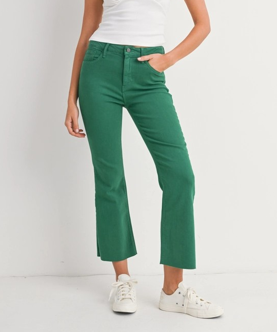 GREEN HIGH RISE TONAL CROP FLARE JEANS