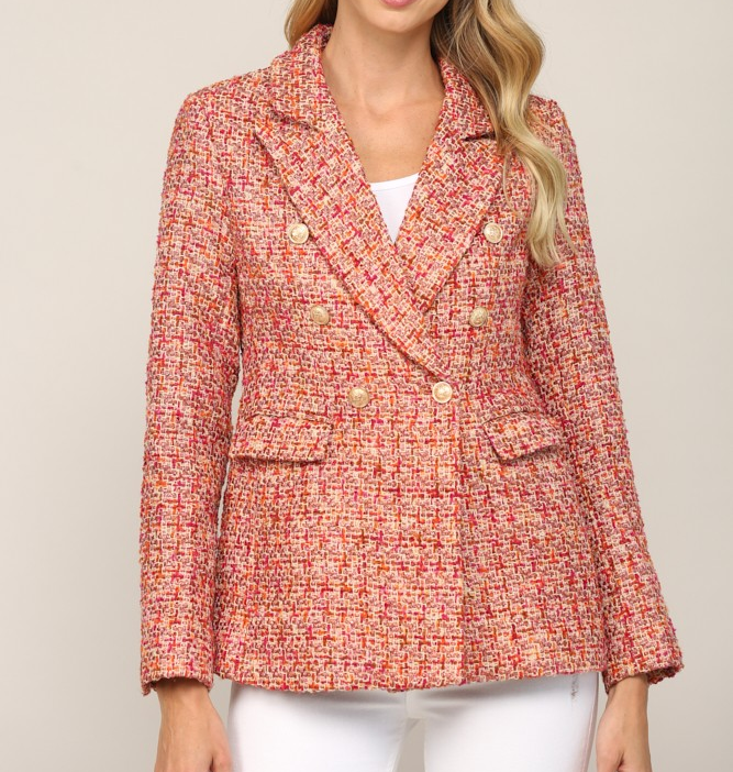 MAGENTA CREAM DOUBLE BREASTED TWEED JACKET