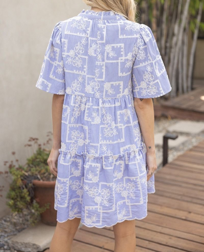 BLUE STRIPED COTTON FLORAL EMBROIDERED TIERED WOVEN DRESS